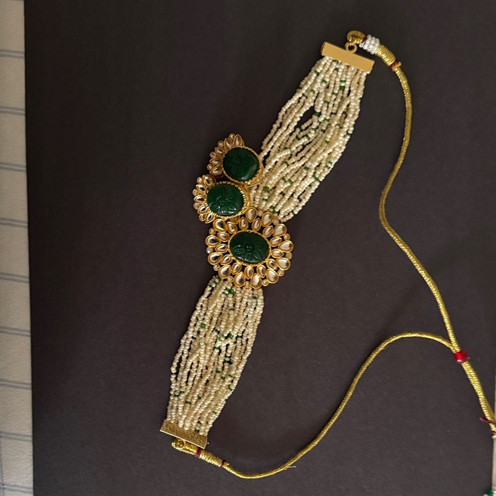 Elegant Green and Gold Beaded choker and earrings set